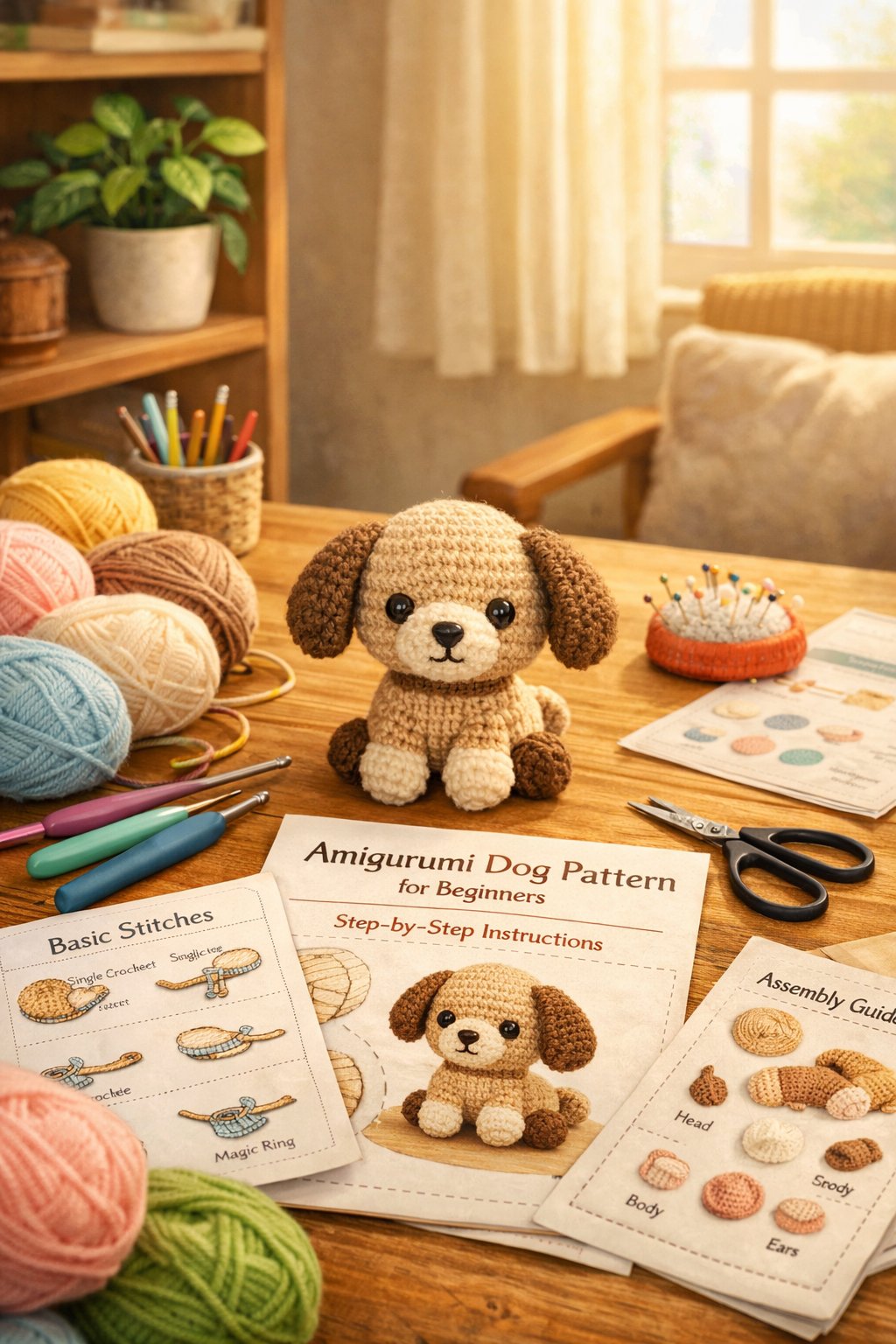 A crafting table with yarn, crochet hooks, and a small handmade dog figure surrounded by pattern sheets in a cozy, well-lit room.