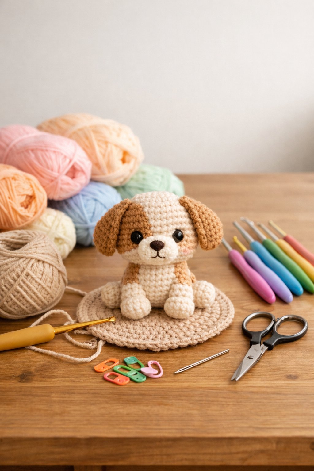 A workspace with yarn, crochet hooks, scissors, and a partially completed small crochet dog on a wooden table.