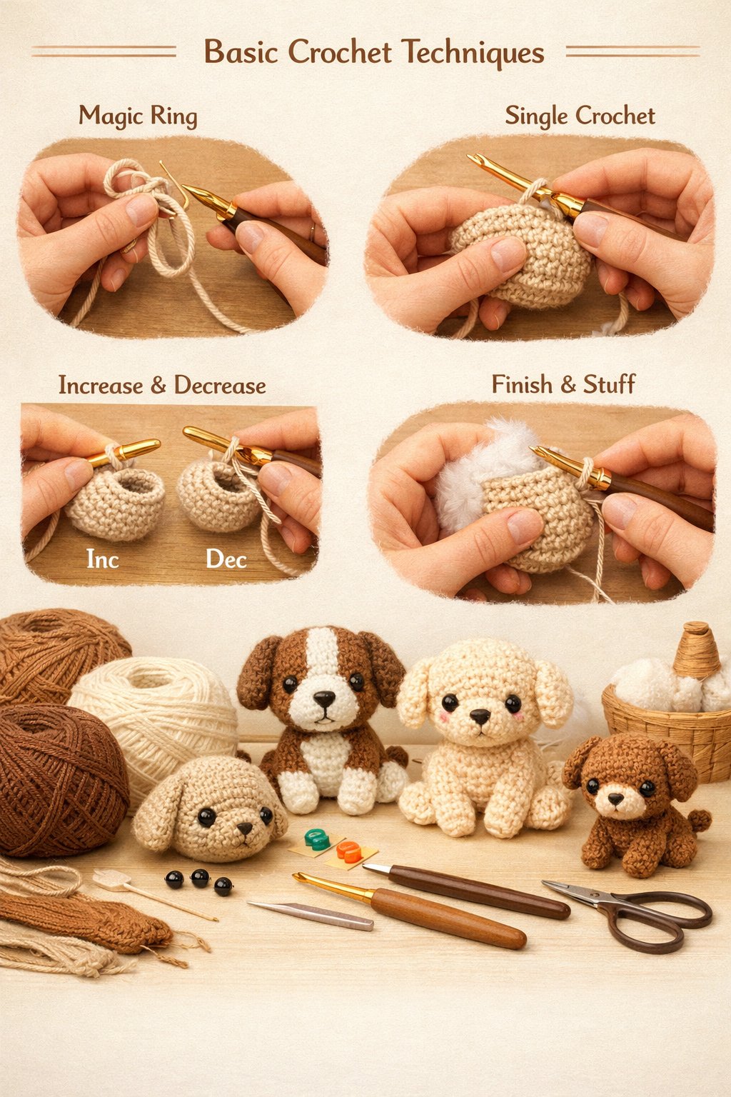 Hands crocheting with yarn surrounded by small amigurumi dogs and crochet tools on a clean workspace.