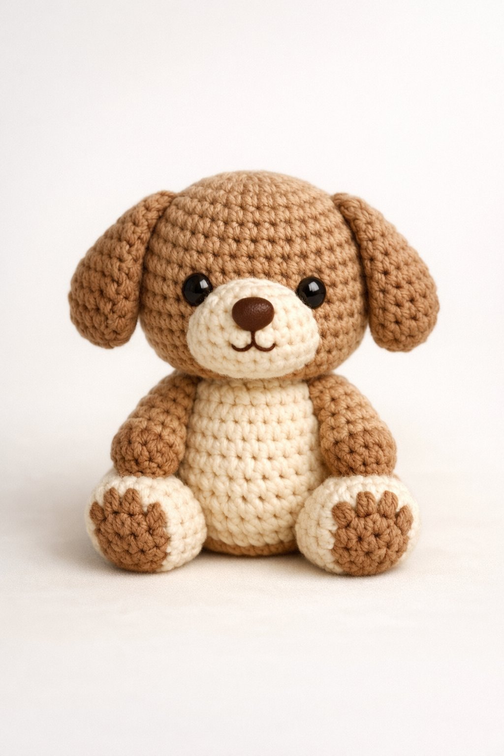 A small crocheted puppy sitting upright with floppy ears and a button nose on a plain background.