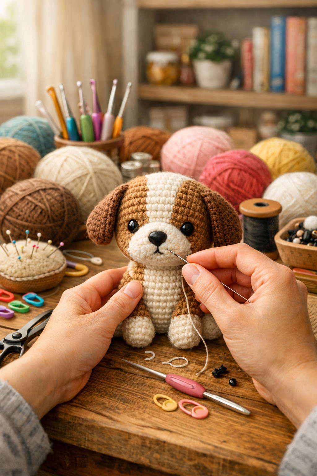 A workspace with hands finishing a small crocheted dog surrounded by yarn, crochet tools, and crafting supplies.