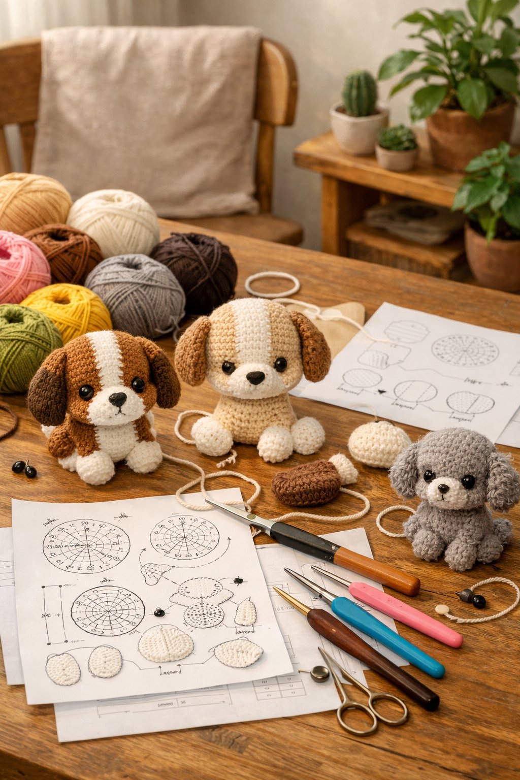 A crafting workspace with yarn, crochet hooks, and small handmade amigurumi dogs in progress on a wooden table.