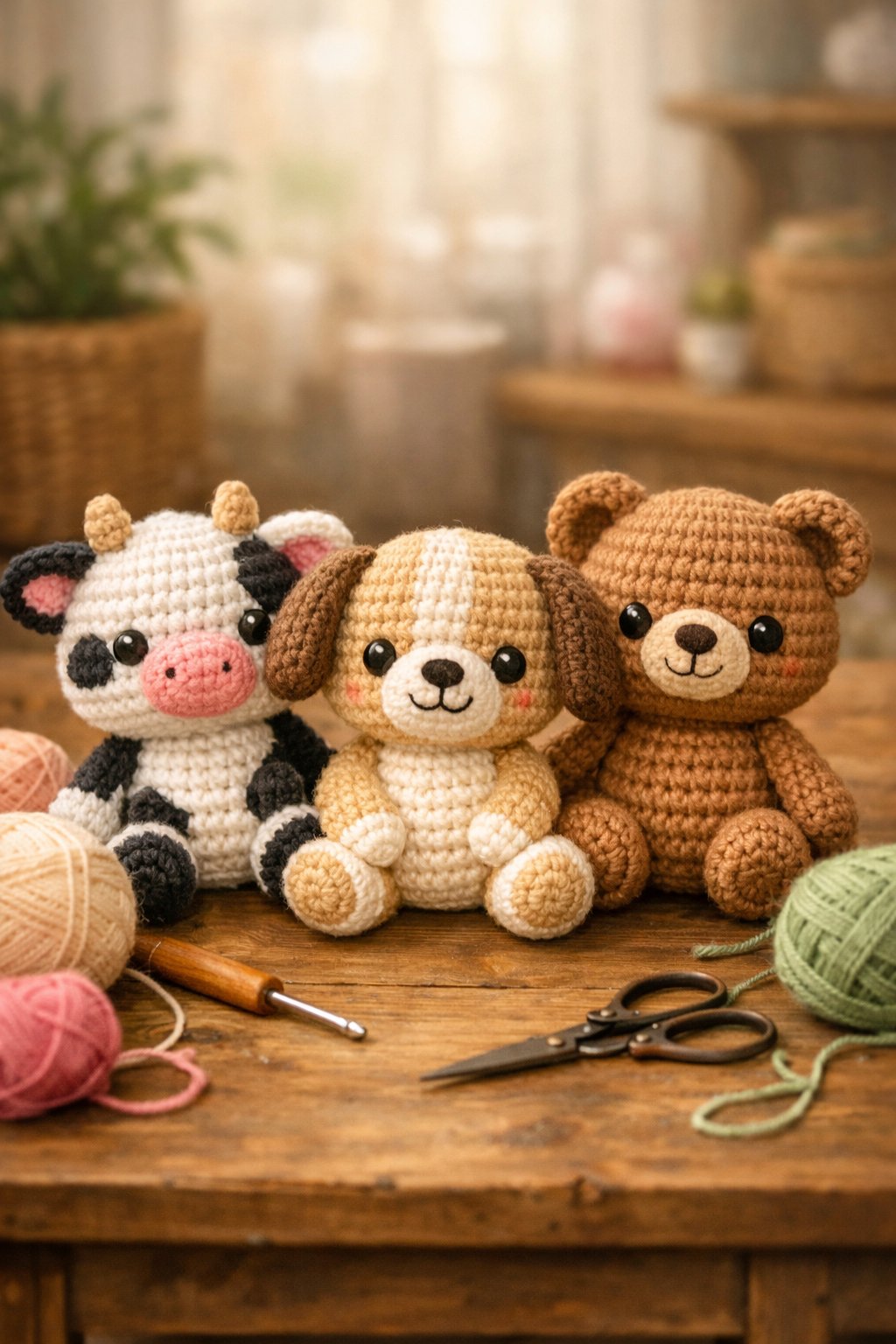 A crochet dog sitting between a crochet cow and bear on a wooden table with yarn and crochet tools nearby.