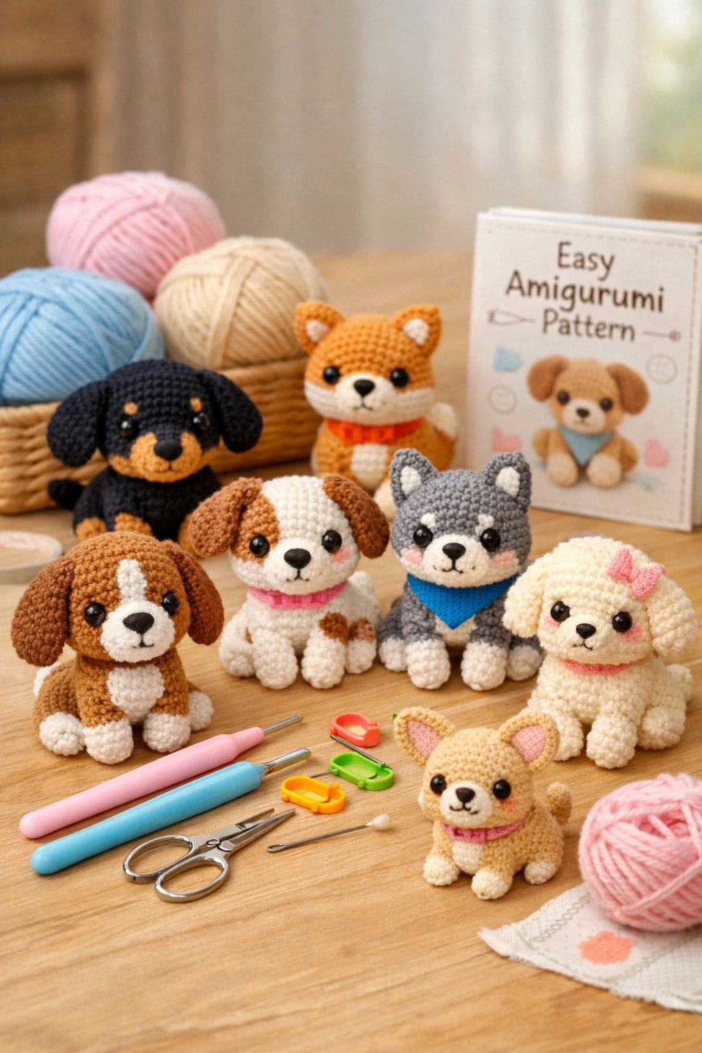 Several small crocheted dog figures and crochet tools arranged on a table, showing a beginner-friendly amigurumi crafting setup.