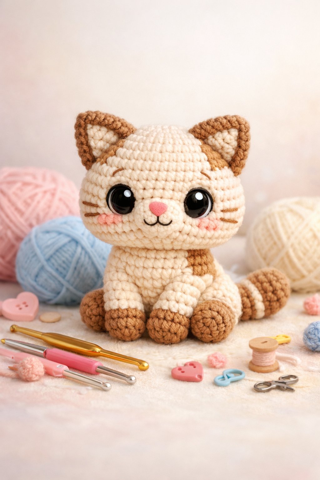 A small crocheted cat toy sitting among yarn balls and crochet tools on a soft surface.