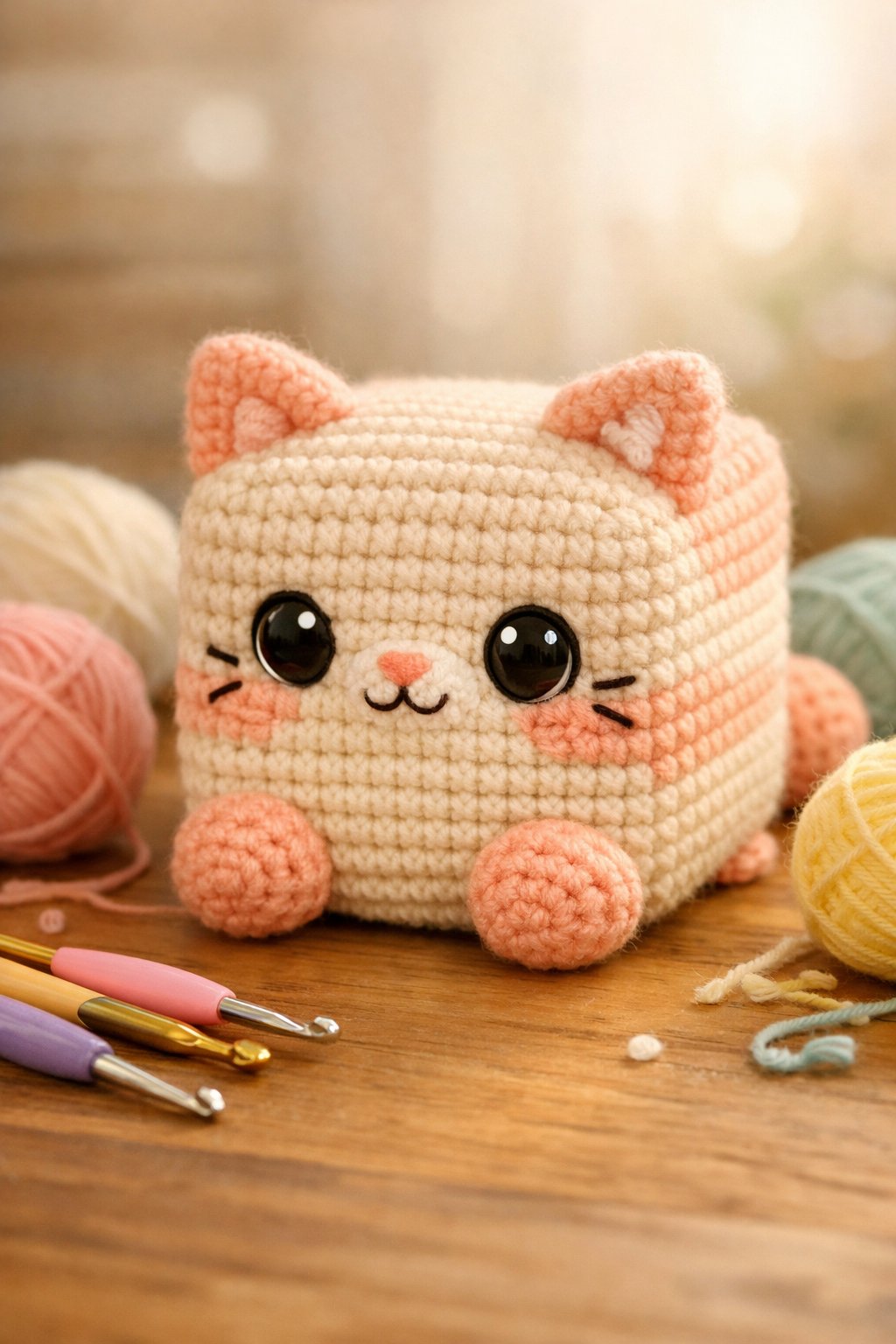 A cube-shaped crochet cat sitting on a wooden surface with yarn balls and crochet hooks nearby.
