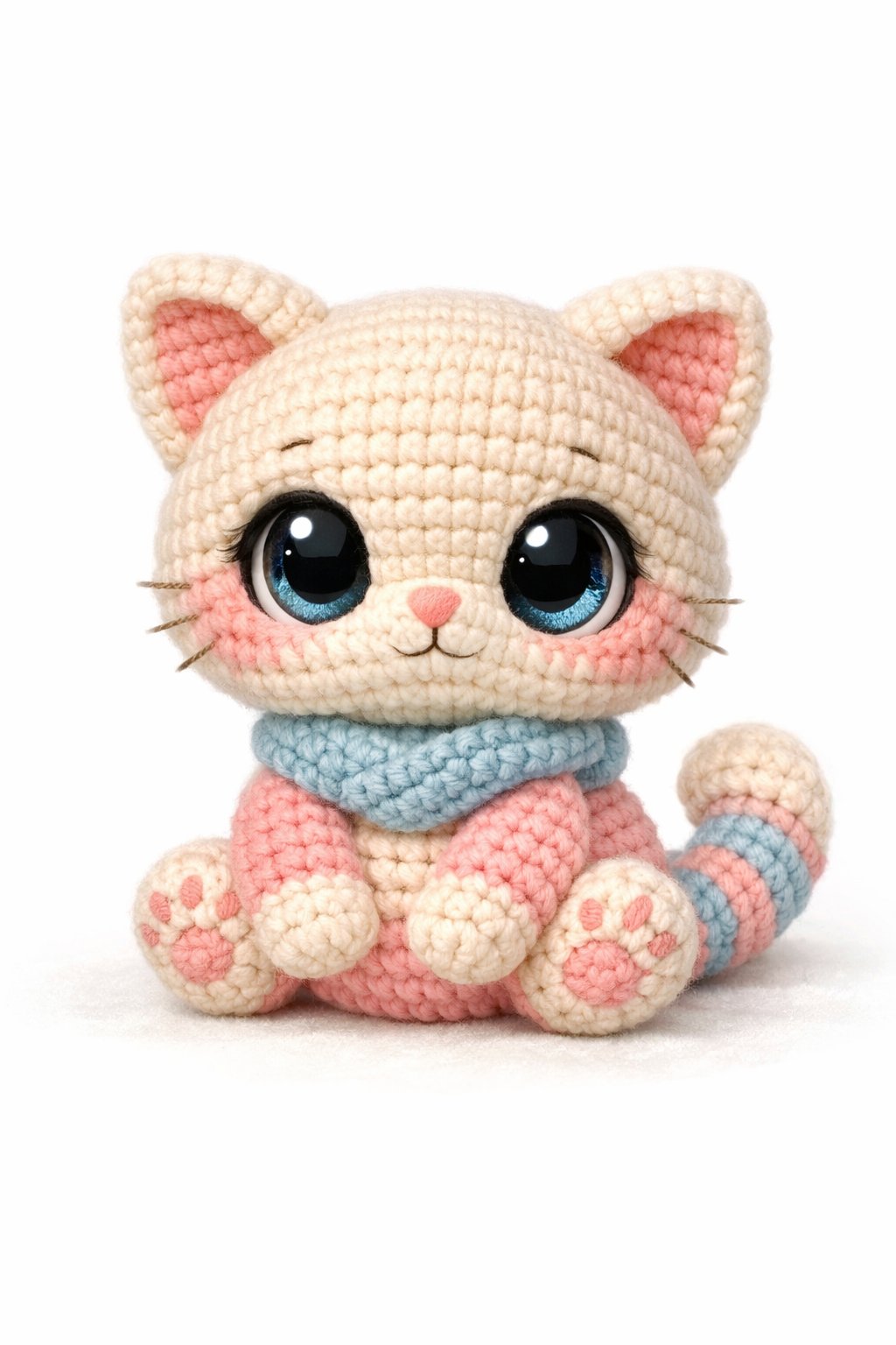 A small crochet cat with big eyes sitting upright, showing detailed yarn texture and soft pastel colors.