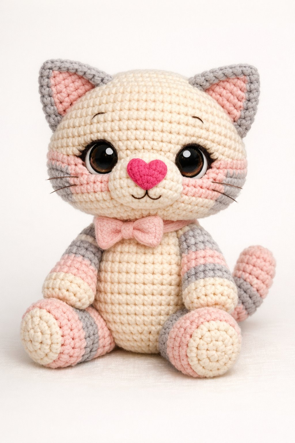 A soft crochet cat plushie with a heart-shaped nose sitting against a simple background.