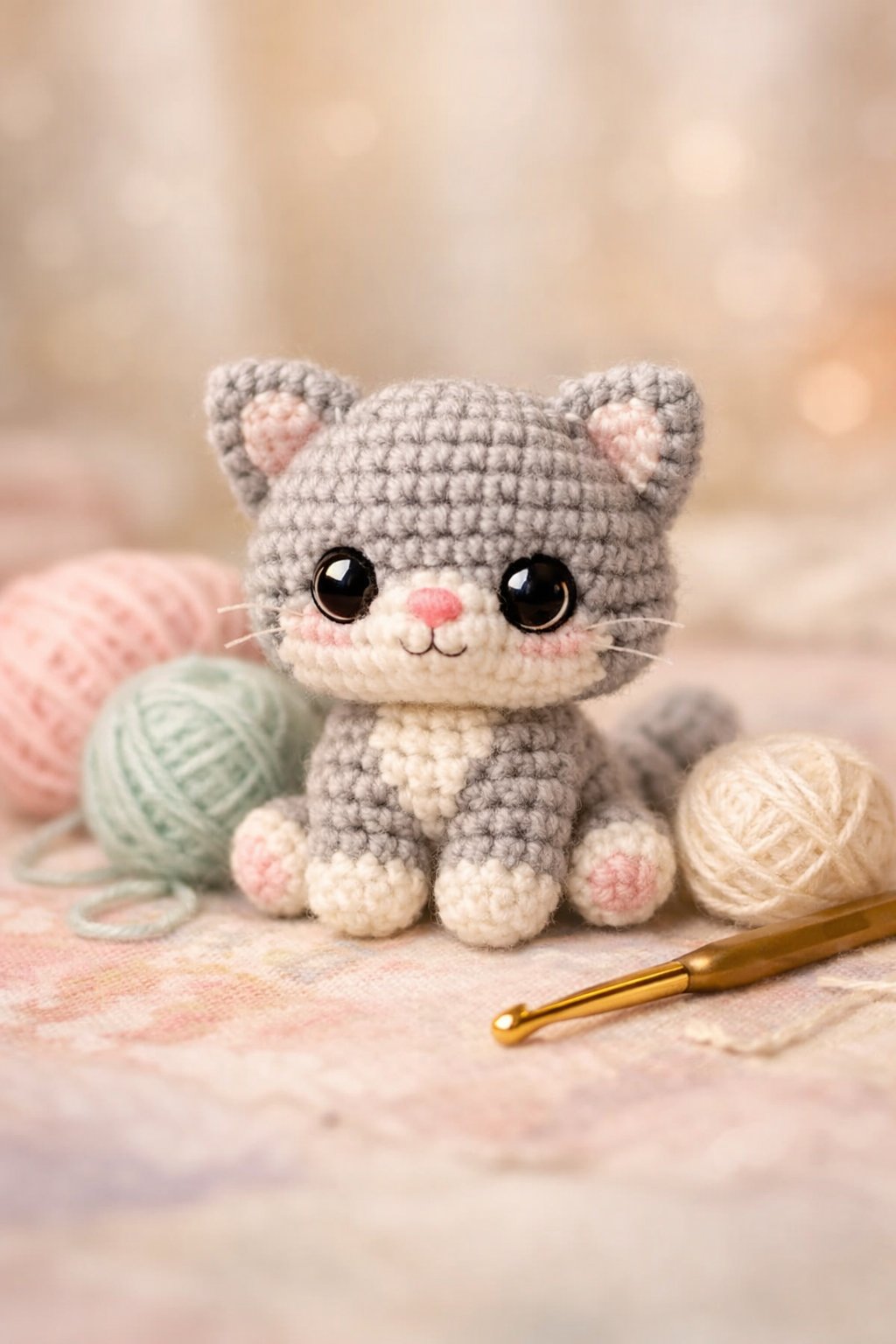 A small crochet kitten toy sitting next to yarn balls and a crochet hook on a soft surface.