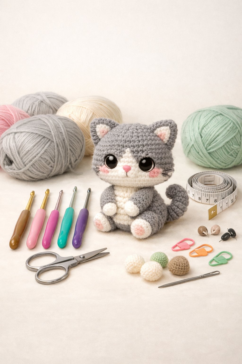 A workspace with crochet tools and materials arranged around a partially completed small crochet cat figure.