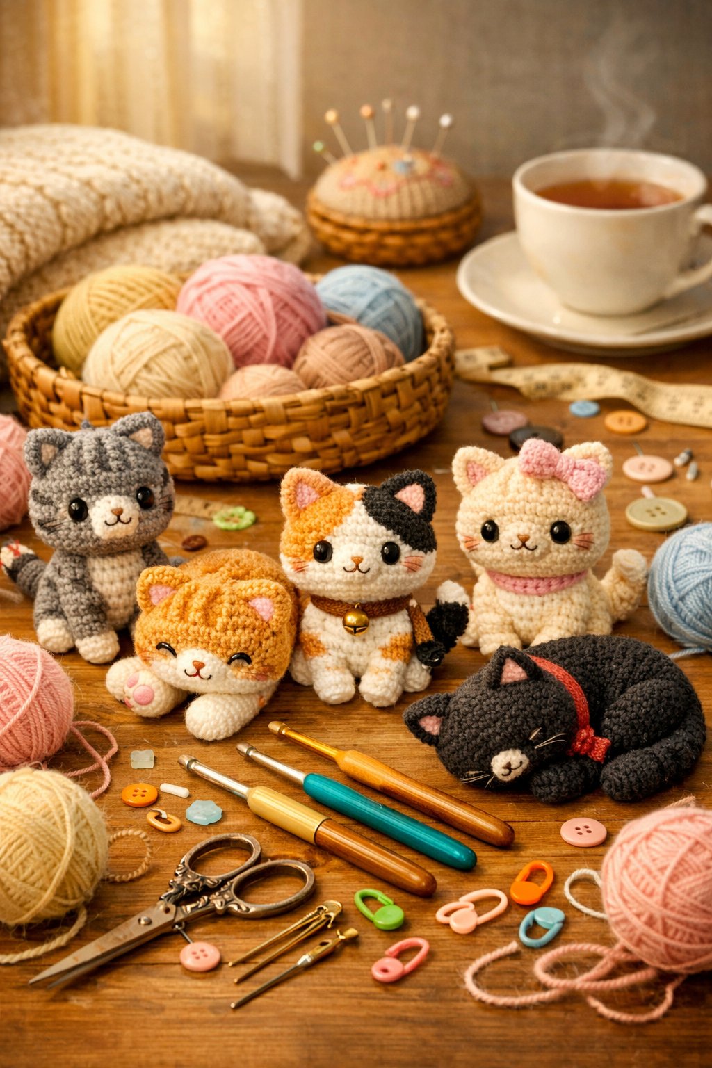 A cozy crafting scene showing several small crochet cats on a wooden table surrounded by yarn, crochet hooks, and crafting tools.