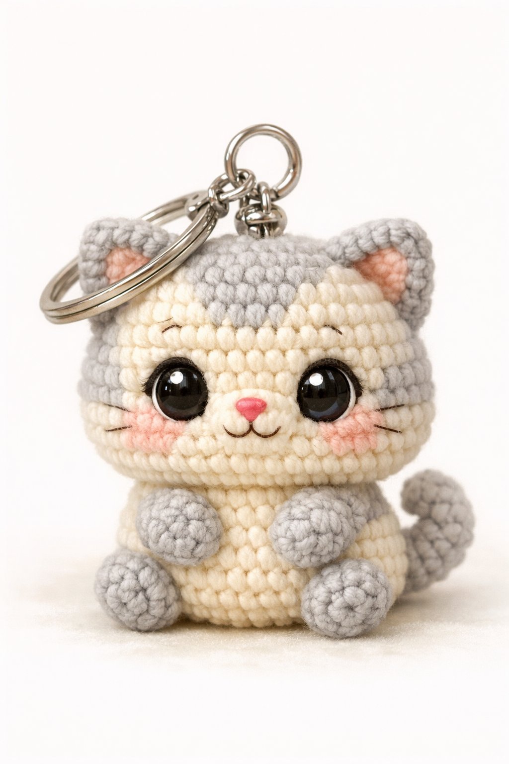 A small, round crochet cat keychain with big eyes and a tiny nose, attached to a silver keyring.