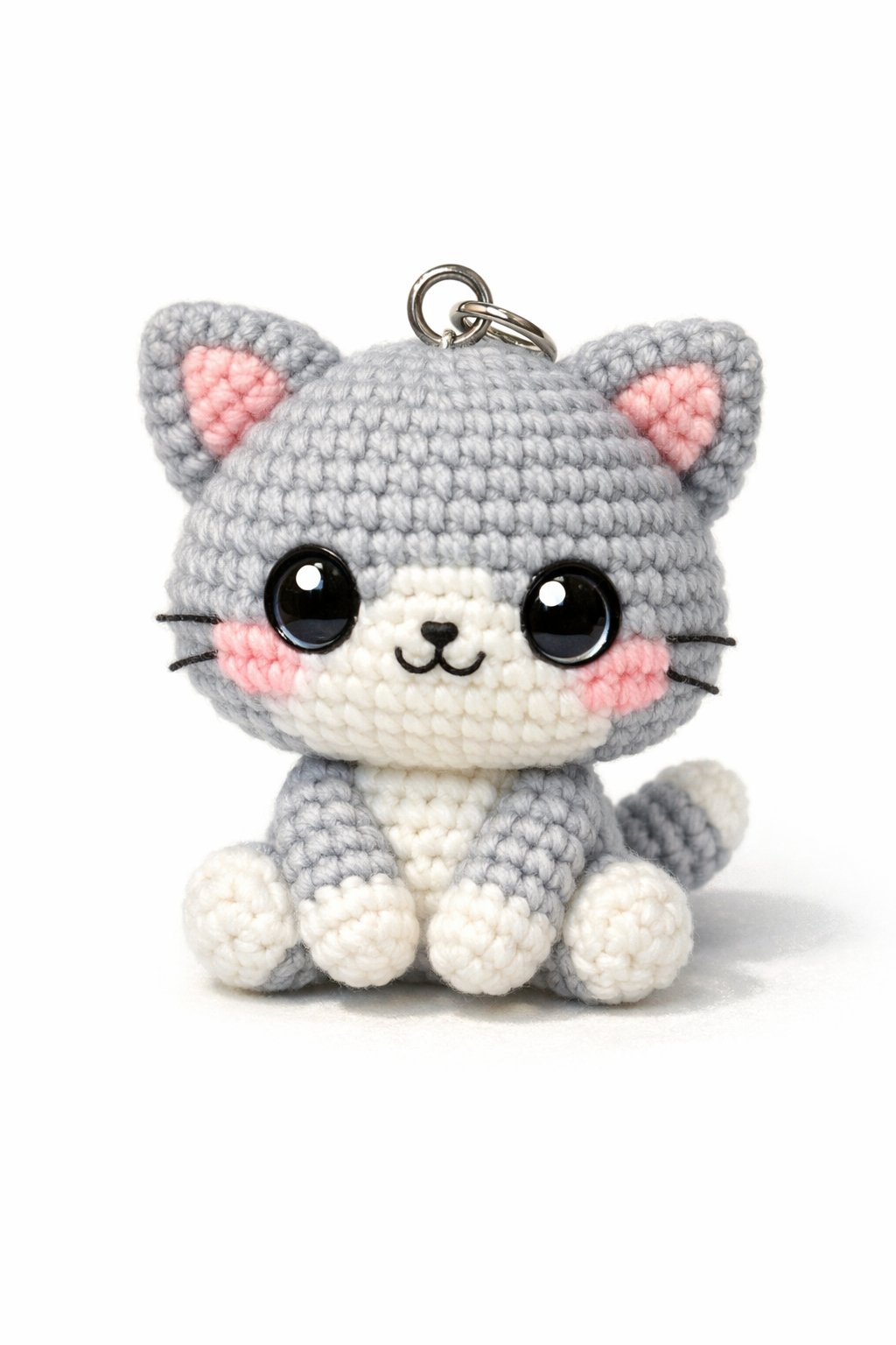 A small crocheted cat keychain with big eyes and a smiling face, sitting upright with a loop on its head.