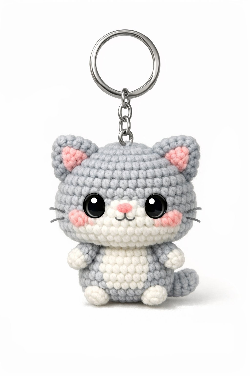 A small crocheted cat keychain with big eyes and triangular ears attached to a silver keyring on a plain background.