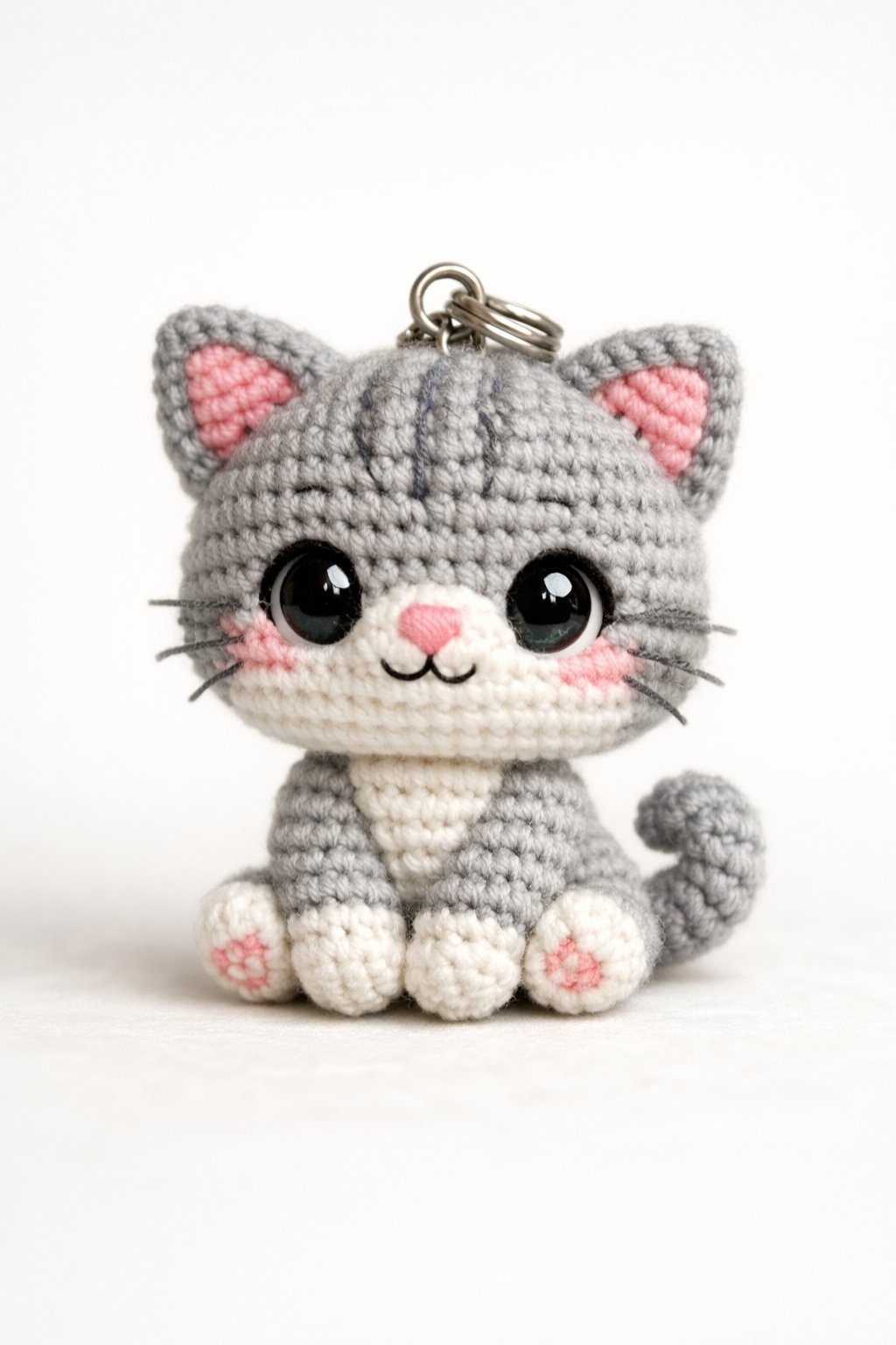 A small crocheted cat keychain made from cotton yarn, sitting upright with large eyes and a curled tail.