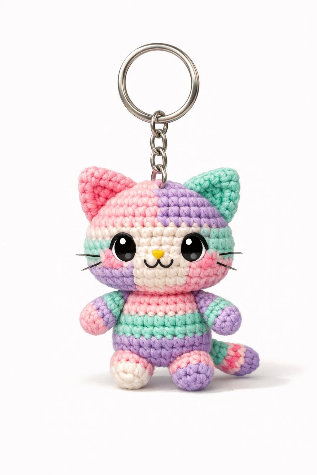 A small crocheted cat keychain made from colorful yarn with a metal ring attached.