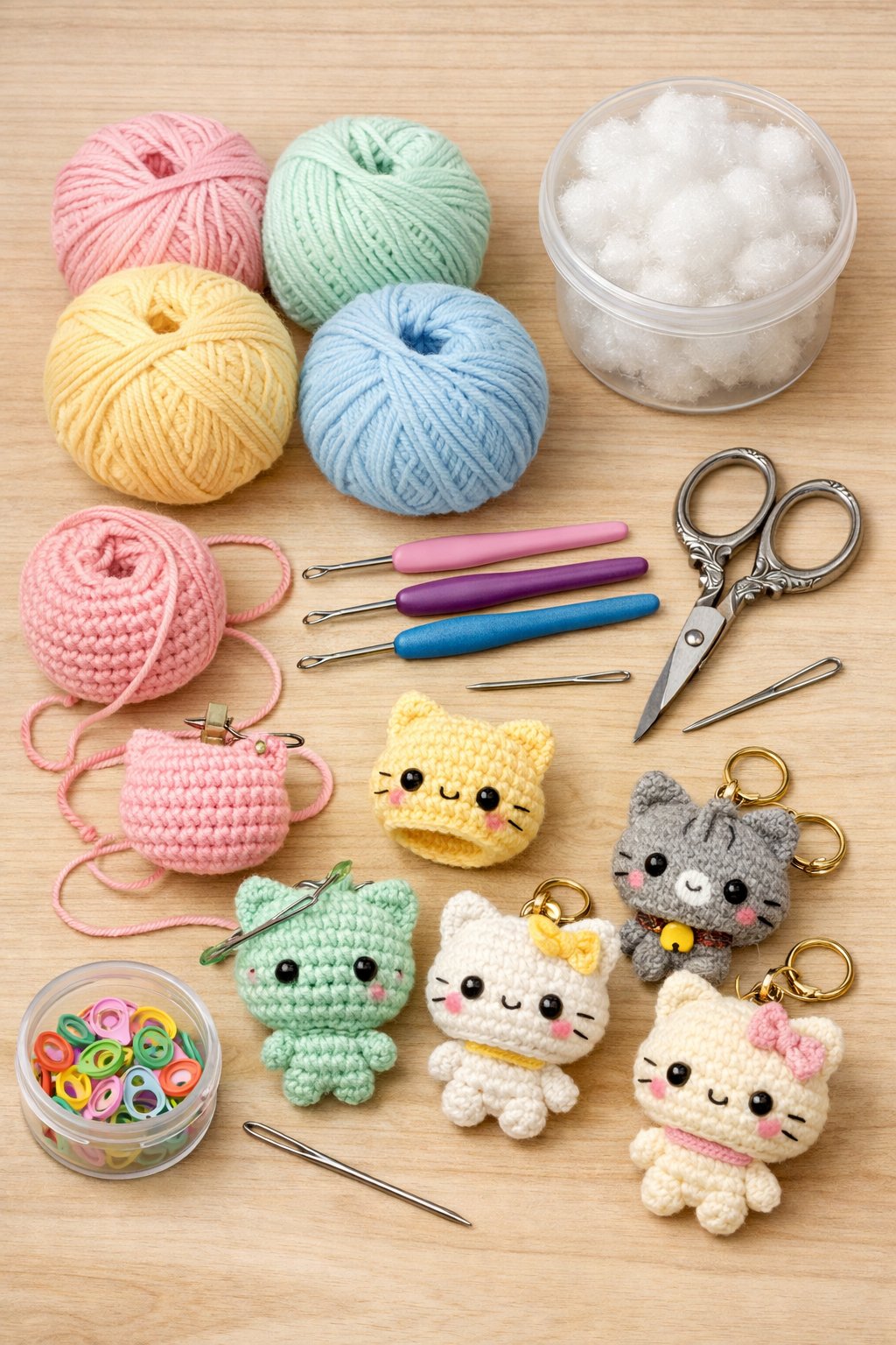 A flat lay of colorful yarn, crochet hooks, scissors, needles, stuffing, and small cat keychains in various stages of completion on a light wooden surface.