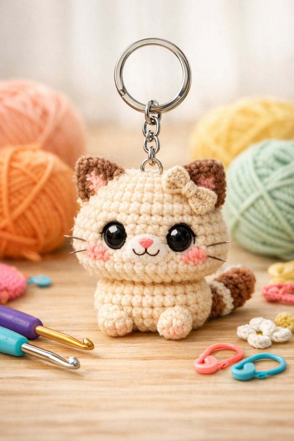 A small crochet cat keychain with large eyes and a smile, attached to a silver keyring, surrounded by colorful yarn and crochet tools on a wooden surface.