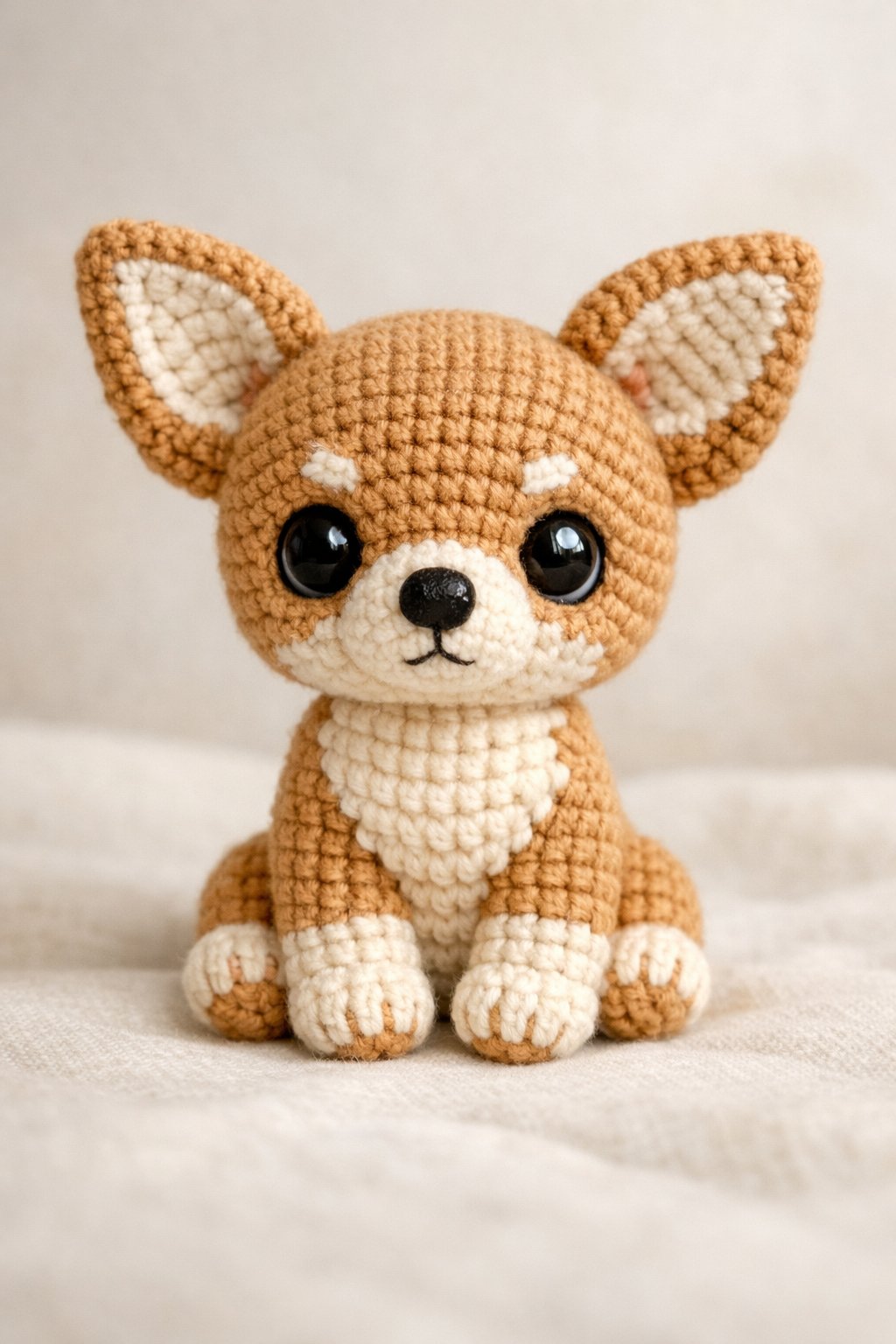 A small crocheted chihuahua doll sitting upright on a soft surface with a blurred background.