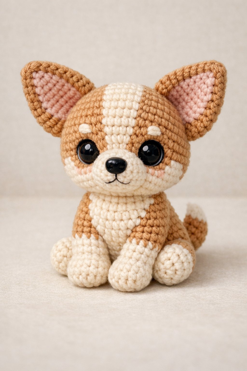 A small crocheted chihuahua doll sitting upright with big eyes and perky ears.