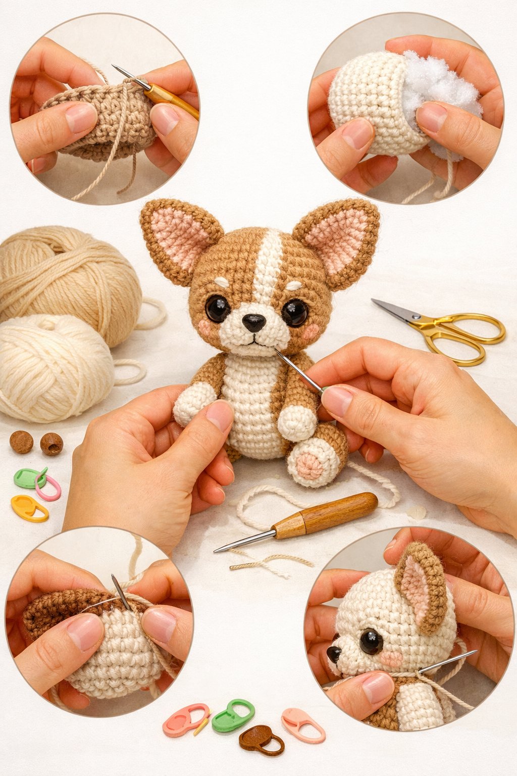 A small crochet Chihuahua doll being made with hands crocheting yarn, surrounded by crafting tools like yarn balls, scissors, and stitch markers.