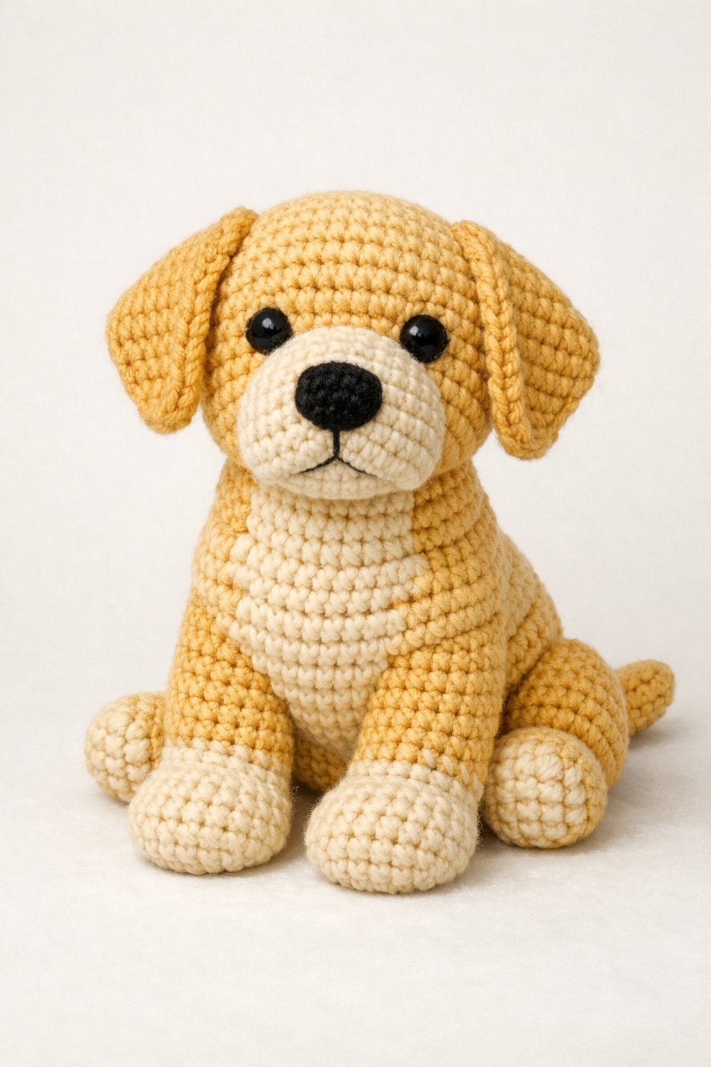 A crocheted Labrador Retriever sitting with a friendly expression on a plain background.
