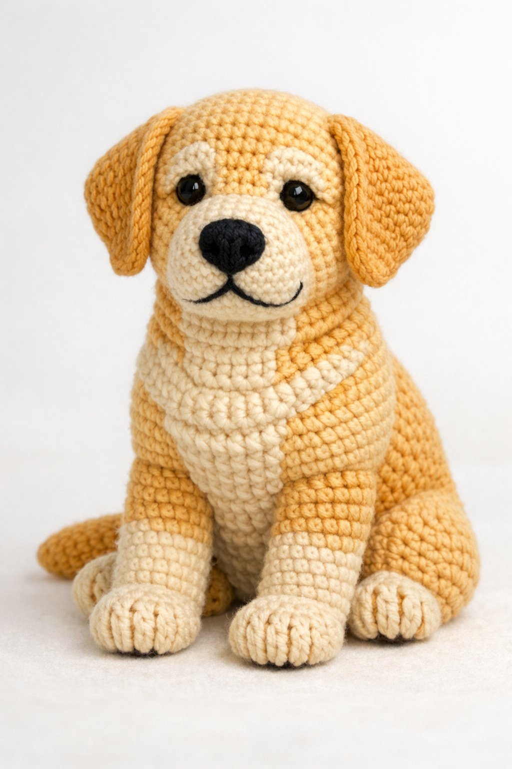 A crochet Labrador Retriever sitting calmly with a friendly expression.