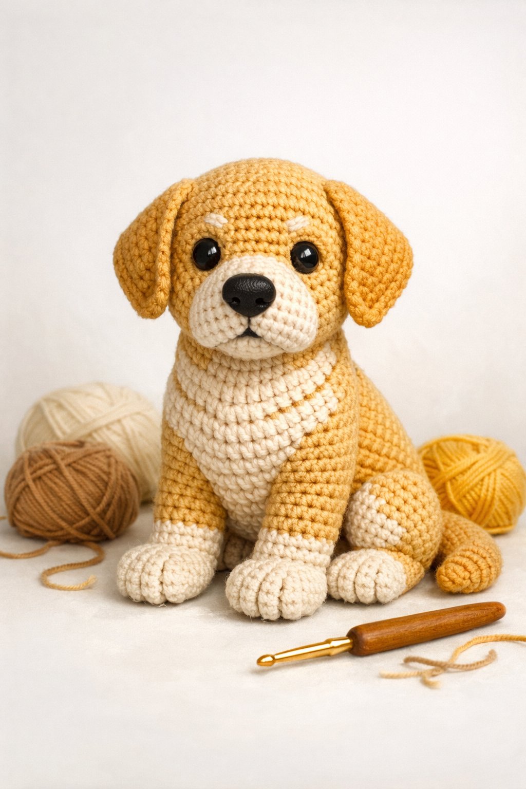 A crochet Labrador Retriever dog sitting calmly, surrounded by yarn and a crochet hook.