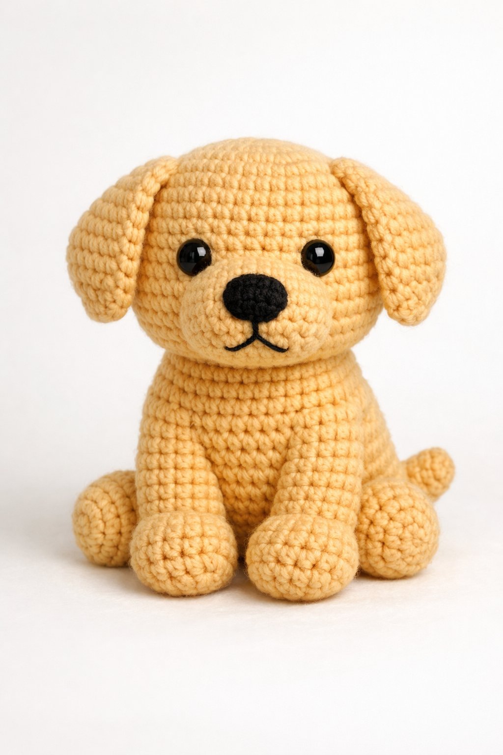 A crocheted Labrador Retriever amigurumi sitting upright with a friendly expression.