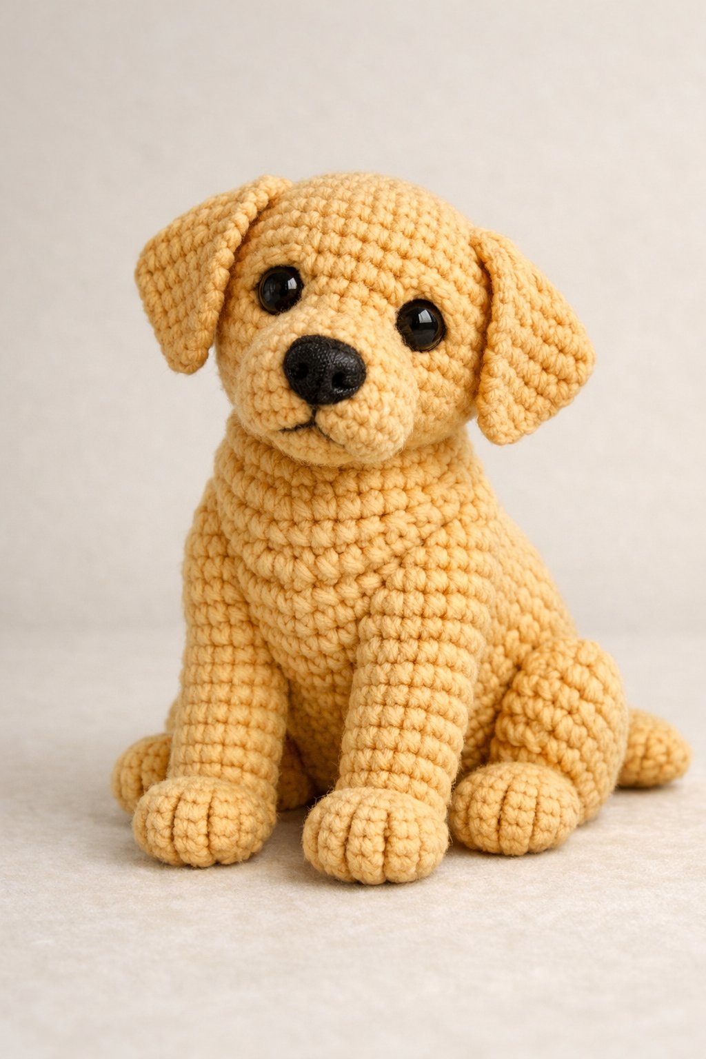A crocheted Labrador Retriever dog sitting calmly with visible stitches and warm golden-yellow yarn.