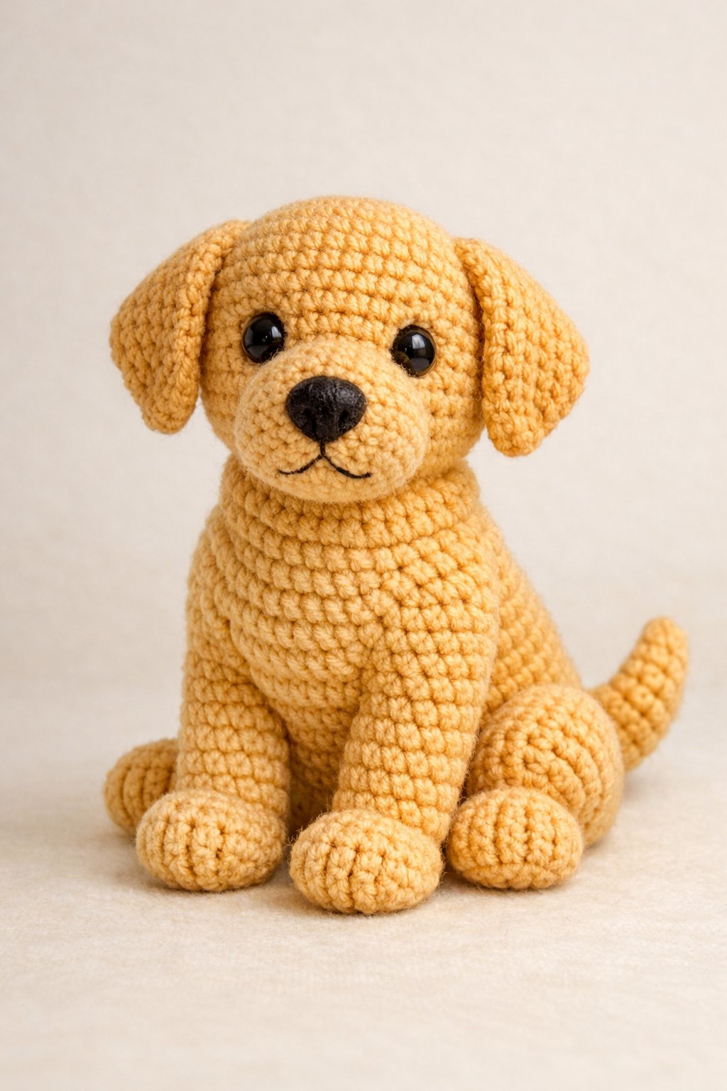 A crocheted Labrador Retriever sitting calmly on a plain background.