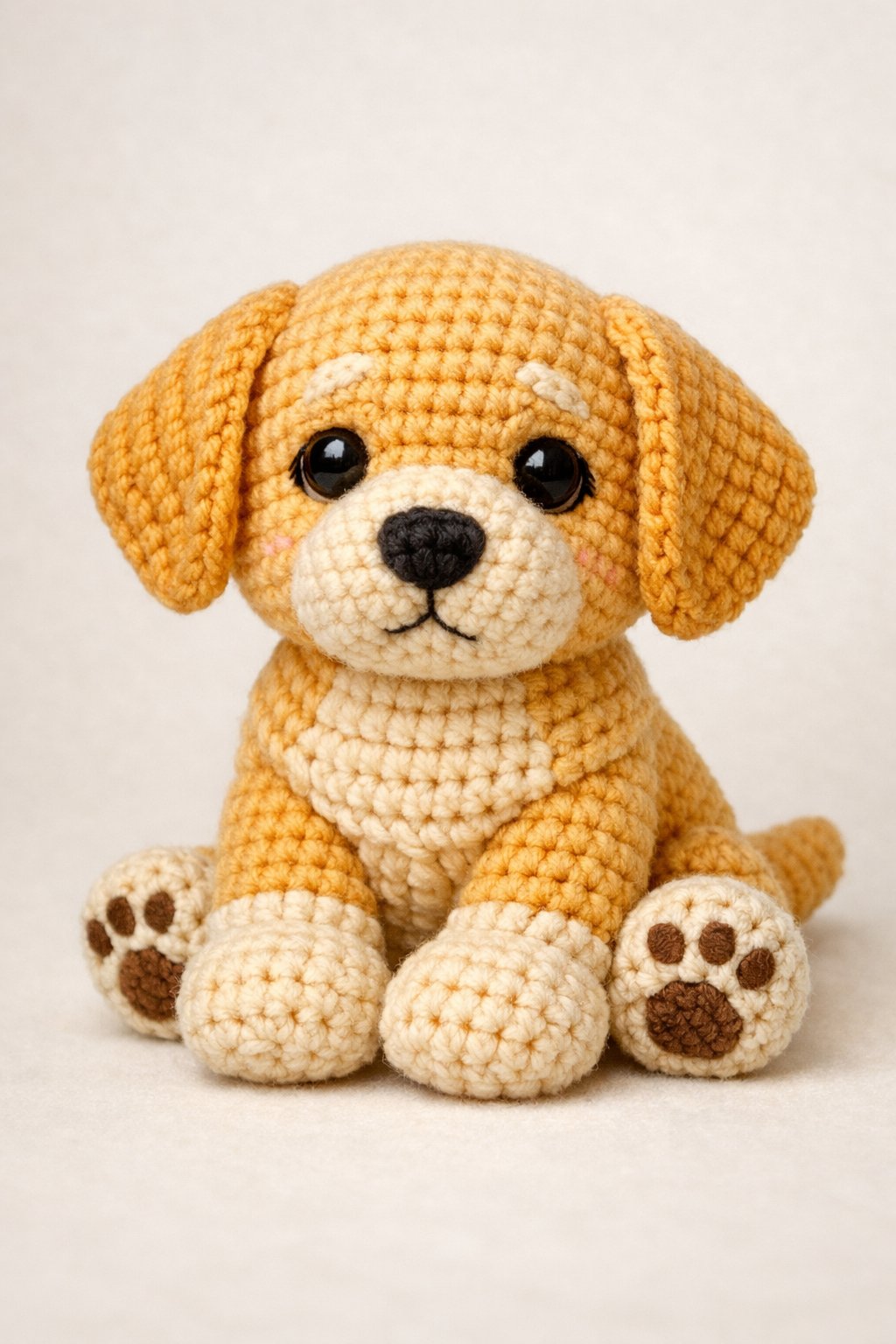 A crocheted Labrador Retriever puppy sitting with a friendly expression.