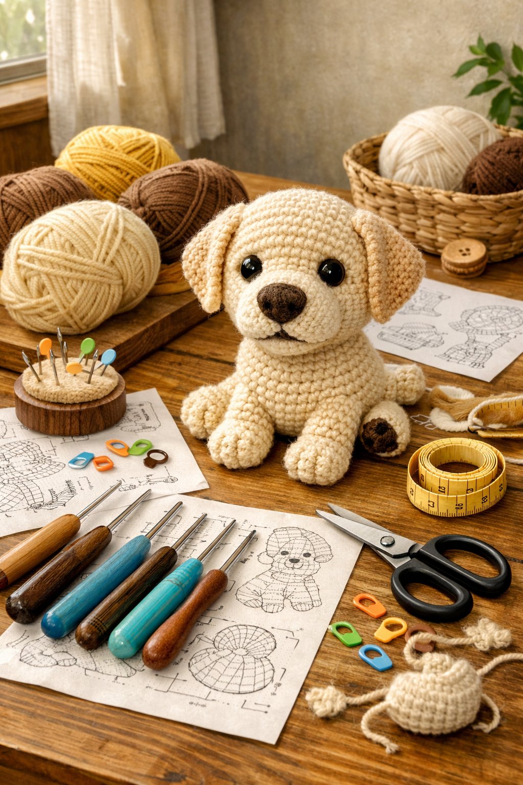 A crafting workspace with crochet tools and materials alongside a partially completed Labrador Retriever crochet figure.