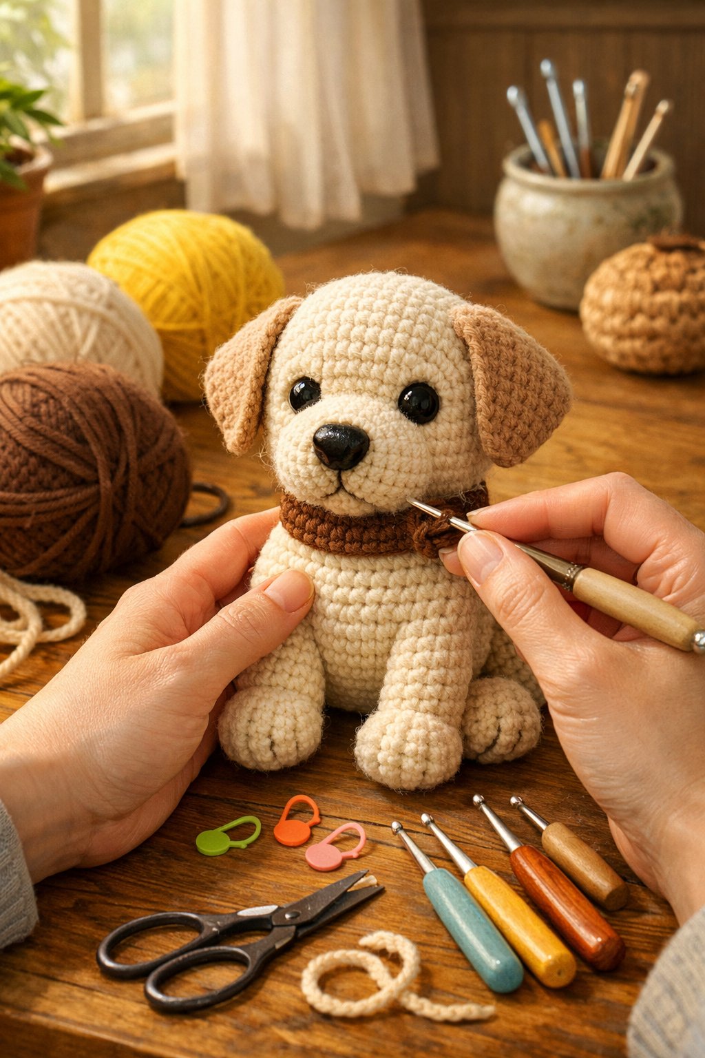 A person working on a crochet Labrador Retriever plush surrounded by yarn and crochet tools on a wooden table.