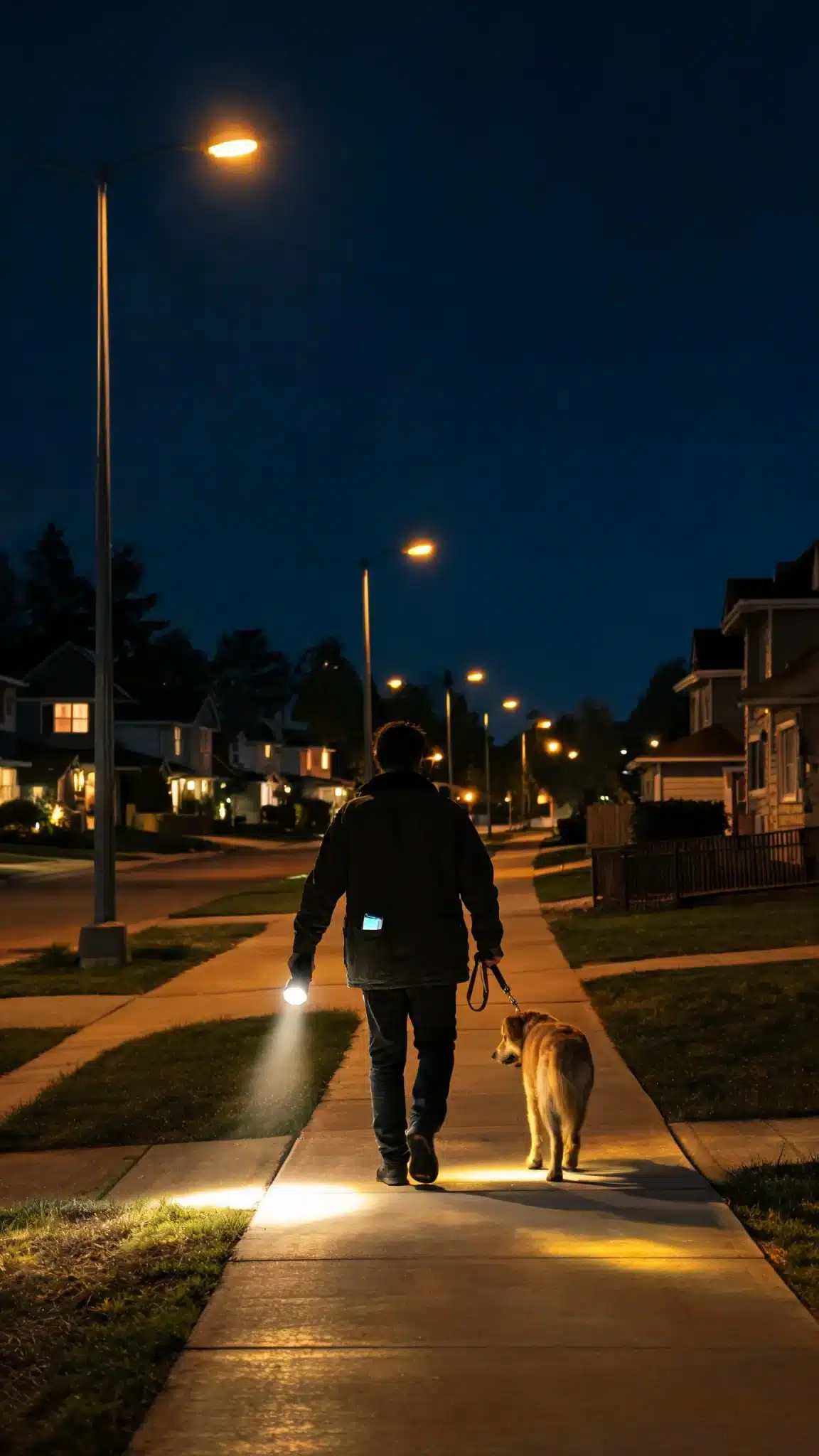 How do I safely walk my pet at night when I am scared?