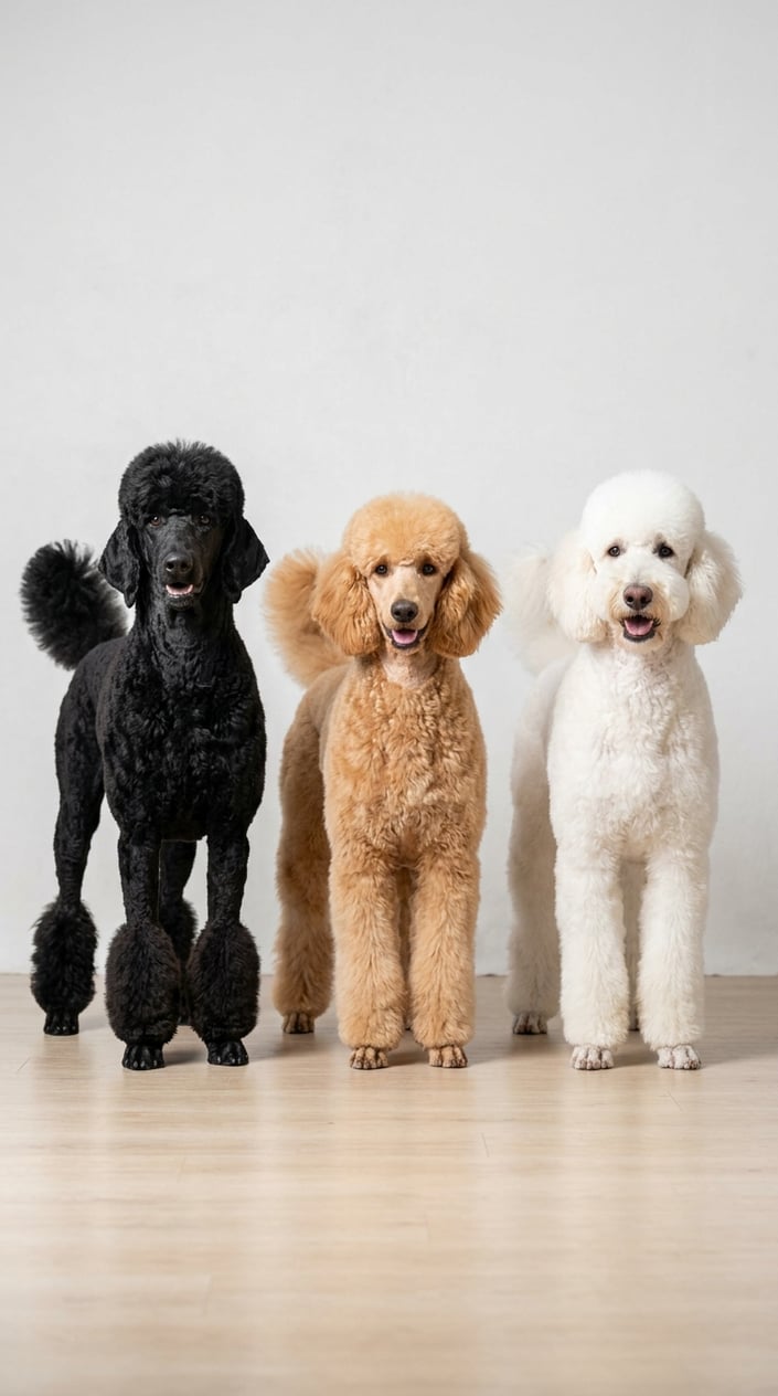 Three standard poodles with different stylish haircuts standing side by side against a plain background.