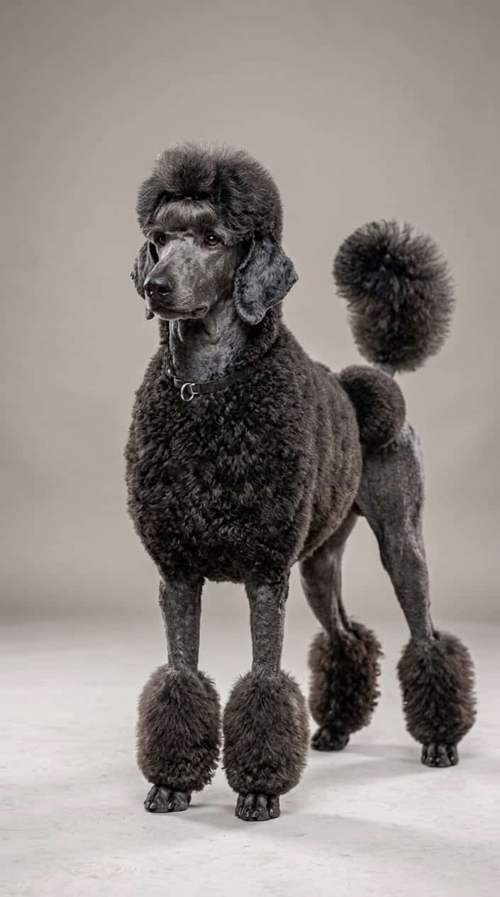 A standard poodle standing on a plain background, showing a detailed and neat haircut with rounded fur shapes on its legs, tail, and hips.