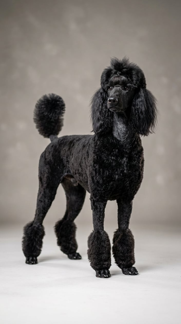 A standard poodle standing with a neatly groomed English Saddle Clip haircut on a plain background.