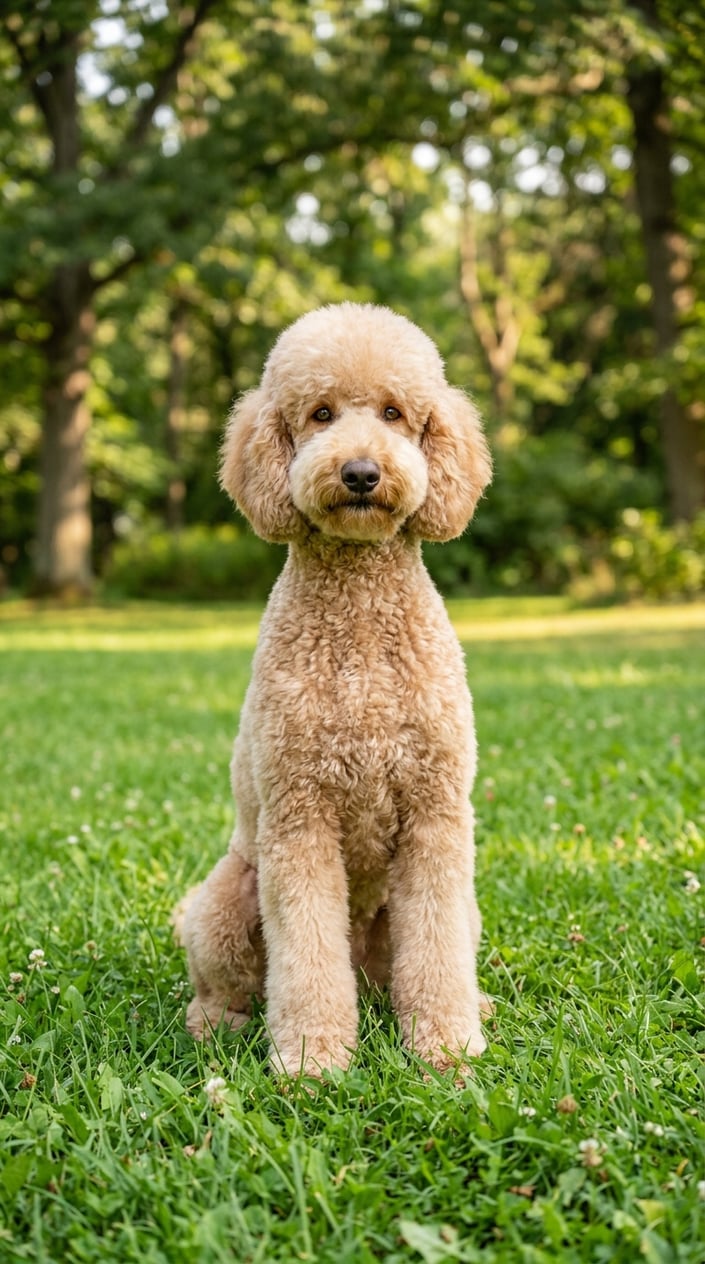 A standard poodle with a teddy bear haircut sitting on grass outdoors.