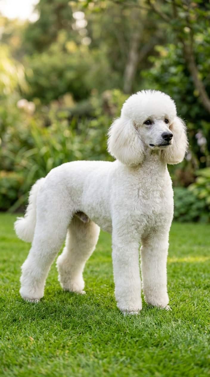 A standard poodle standing on grass with a neatly trimmed puppy cut hairstyle, outdoors in a garden setting.