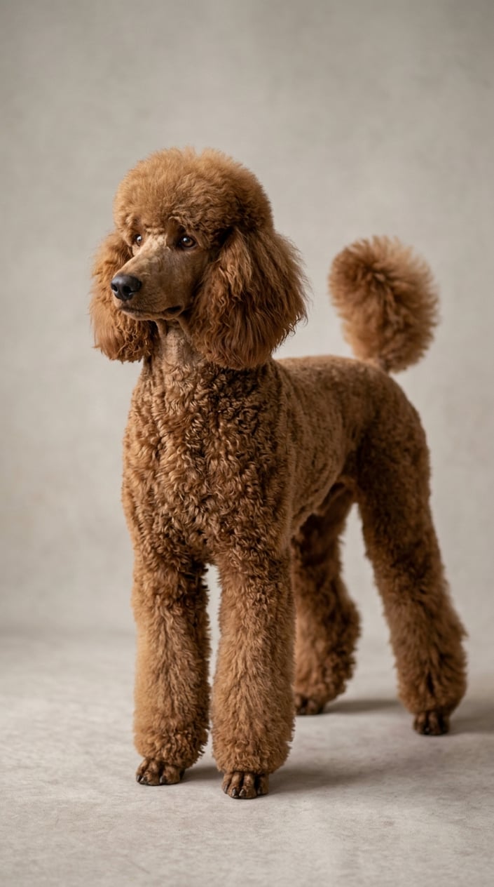 A standard poodle with a lamb cut haircut standing calmly on a plain background.