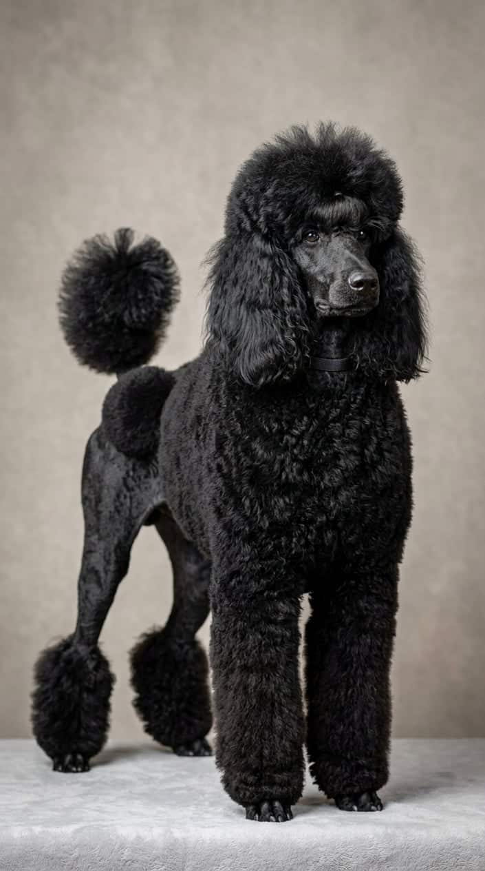 A standard poodle standing with a lion cut haircut on a plain background.