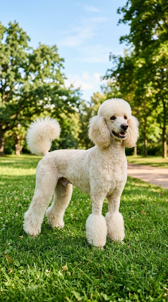 A standard poodle with a stylish haircut standing on green grass outdoors on a sunny day.