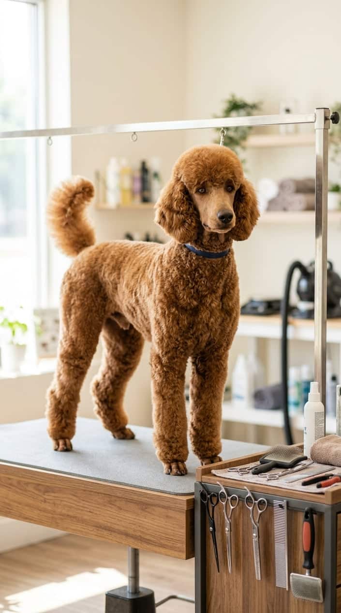 A standard poodle with a well-groomed curly coat in a grooming studio with grooming tools nearby.