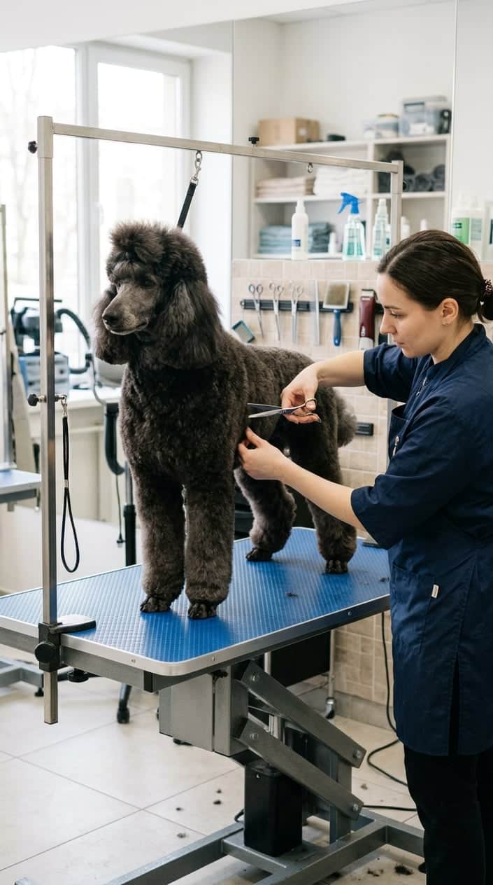 A standard poodle with a neat haircut standing on a grooming table while a groomer trims its fur in a clean grooming salon.